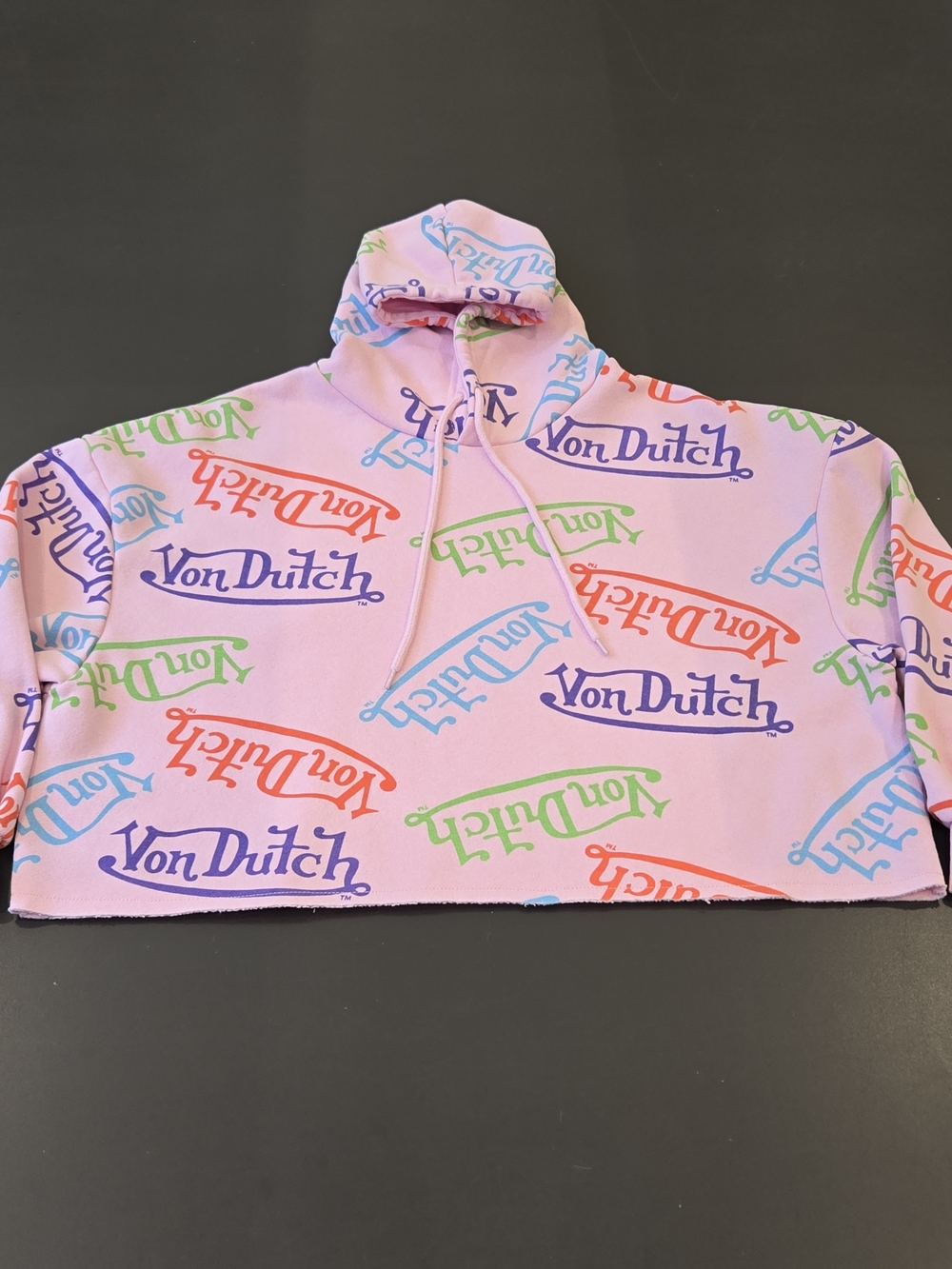 Von Dutch Cropped Hoodie in Pastel Pink with Multicolor Logos